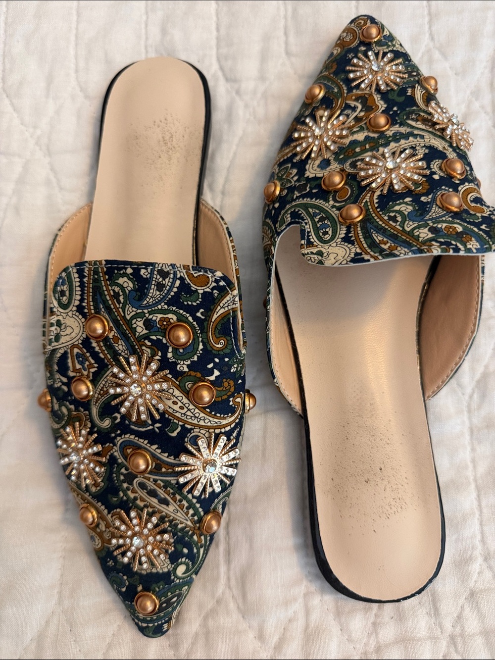Embellished Navy Paisley Pointed Toe Mules